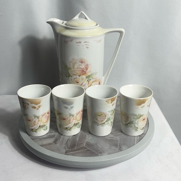 Vintage Three Crown China Rose Pitcher & 4 Cup Set Germany Gold Trim 1920's - Picture 2 of 10